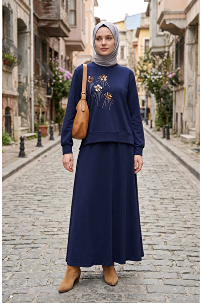 sefamerve Floral Embroidered Stoned Double Set 0255-03 Navy Blue