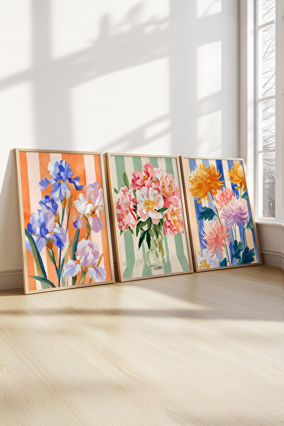 STARYUNA Wooden Framed Floral Themed Triple Painting Set Ucyuna601