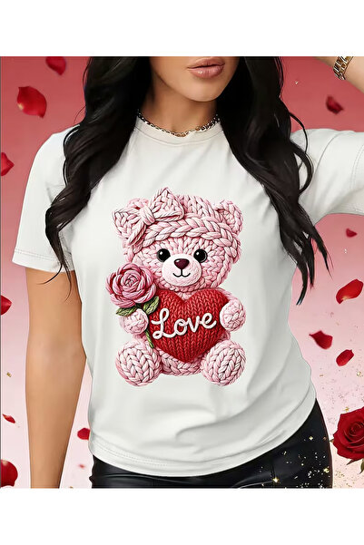LİNA06 Cute Bear LOVE Heart Print, Gentle And Sweet Elements, Stylish Casual ...