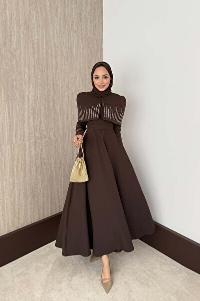 QUQA Taşlı Bolerolu Elbise - Kahve