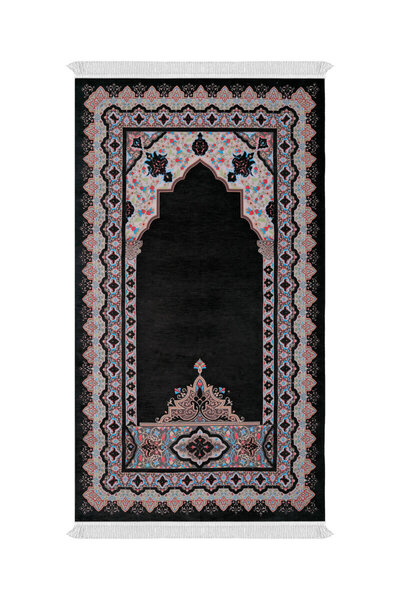 Bursa İpek Μαύρο υφαντό χαλάκι προσευχής με ανάγλυφο σχέδιο Ρούμι