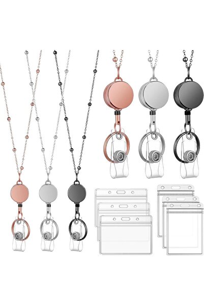 Arabest طقم حبل تعليق شارات من 9 قطع مع بكرة قابلة للسحب، وقلادة خرز معدنية، ...