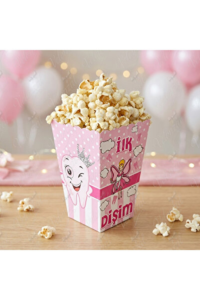 VELONZAL Pembe İlk Dişim Temalı Patlamış Mısır (Popcorn)-Cips Kutusu-Diş Buğd...