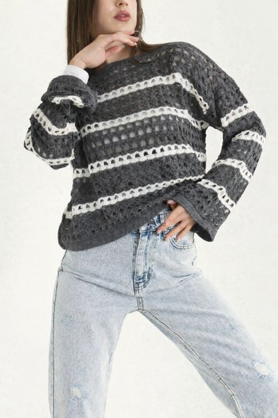 VARENZEA Women's Openwork Striped Perforated Knitwear Blouse Summer Seasonal Long Sleeve Comfortable Fit Slim Knit Sweater