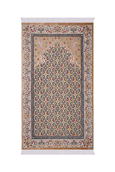 Bursa İpek Beige Shawl Pattern Embossed Special Woven Prayer Rug