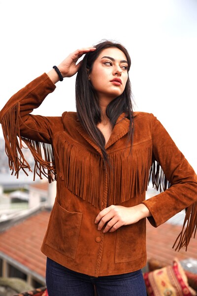 CE-YIL DERİ ÜRÜNLERİ kadın püsküllü hakiki deri süet ceket