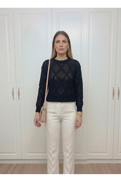 Dier Moda Patterned Long Sleeve Diamond Pattern Knitted Sweater