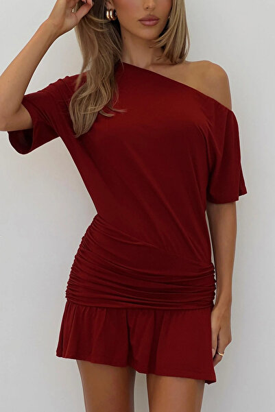 World Fashion Trends YENİ SEZON Asimetrik Kesim Drapeli Esnek Elbise