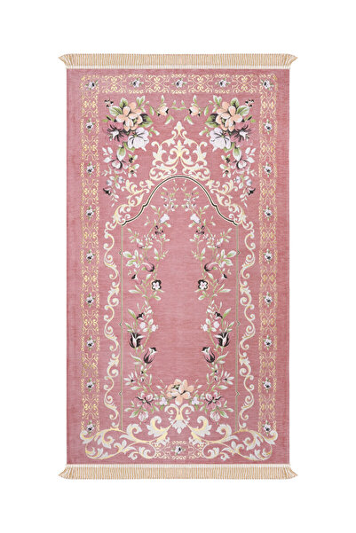 Bursa İpek Pink Rose Garden Pattern Embossed Special Woven Prayer Rug