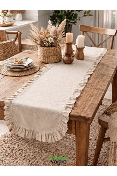 Kitchen Vogue Bohem Keten Runner Masa Örtüsü | Keten Fırfırlı Rustik Dekorati...
