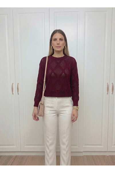 Dier Moda Patterned Long Sleeve Diamond Pattern Knitted Sweater