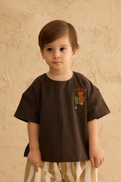 Fahhar Kids Embroidered Oversize Linen Shirt Anthracite