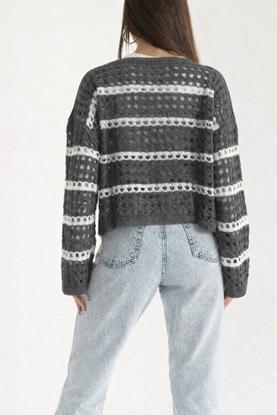 VARENZEA Women's Openwork Striped Perforated Knitwear Blouse Summer Seasonal Long Sleeve Comfortable Fit Slim Knit Sweater