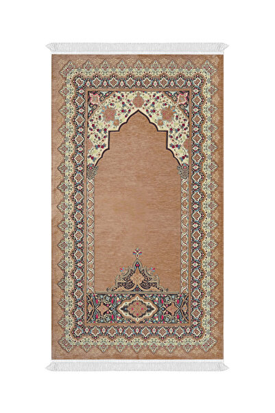 Bursa İpek Beige Rumi Pattern Embossed Special Woven Prayer Rug