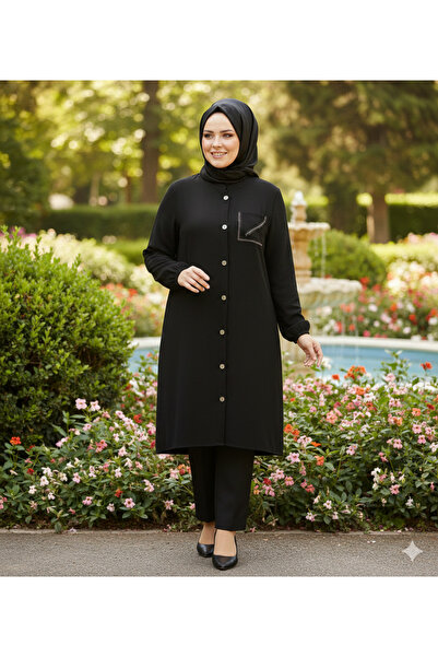 Stor Kadın Siyah Relax Kalıp Düğmeli Nakış Detaylı Uzun Triko Tunik Hırka