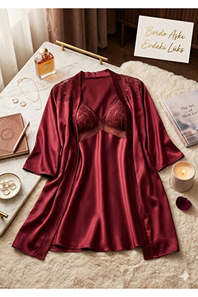 Loule Women's Burgundy Satin Lace Nightgown and Robe 2-Piece Set Dowry Gift -...