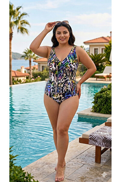My-o Women's Plus Size Colorful Exotic Patterned Gathering Swimsuit - Double ...
