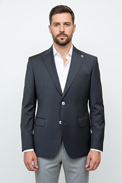 Sabri Özel Giotelli Anthracite Slim Fit Pointed Collar Wool Classic Jacket