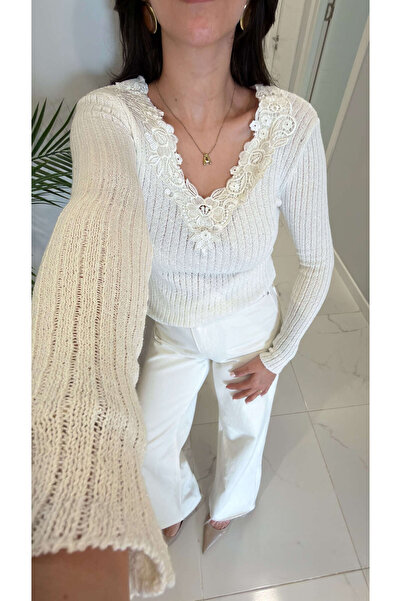 BİRCANÇİL Tricotaj Isilla Ecru cu guler din dantelă