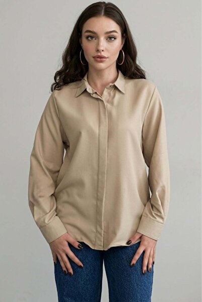 Madmext Μπεζ μοντέρνο γυναικείο πουκάμισο MG2674