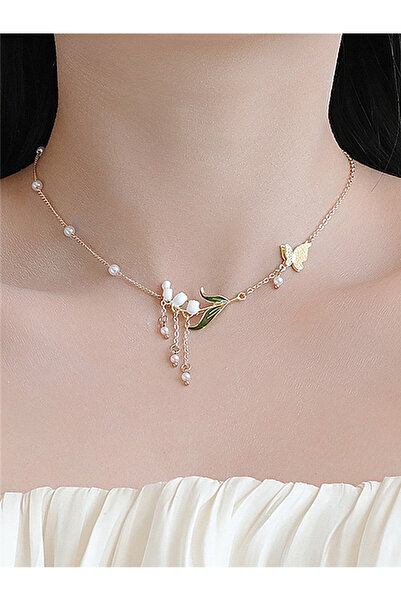 FridayIn Sweet vacation style floral beaded chain bow necklace