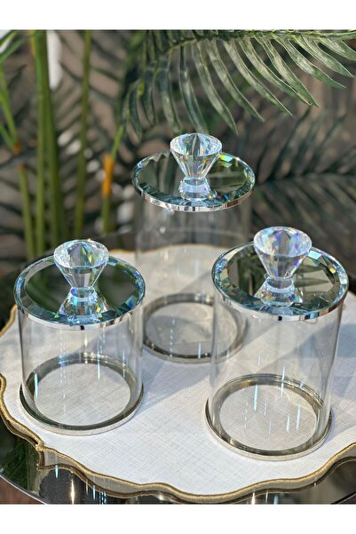 alfafe home Gold - Gümüş Detaylı Kristal Kapaklı Cam Kavanoz Seti – 3’lü Lüks...