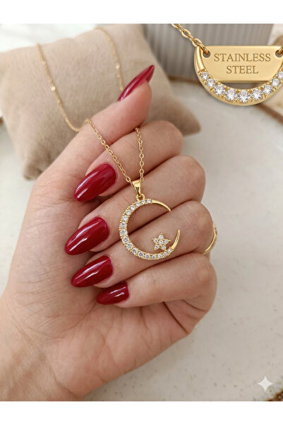 NAS fashion Gold Color Stone Detailed Moon and Star Steel Necklace