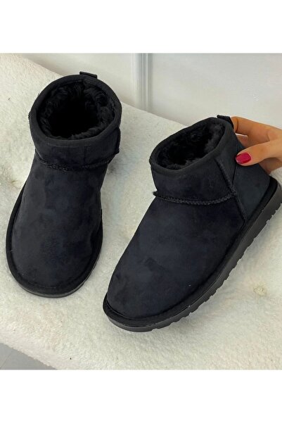 İpek حذاء نسائي شتوي من جلد الغزال الأسود مع بطانة داخلية من الصوف وكعب قصير