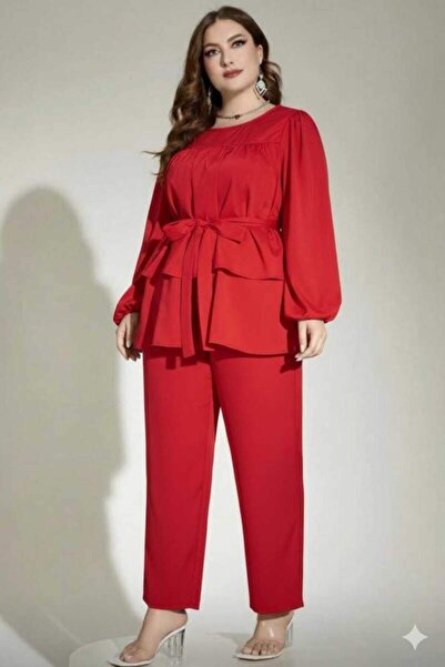 angelino butik Büyük Beden Kırmızı Kuşaklı Bluz Pantolon Takım 62 Bedene Kada...
