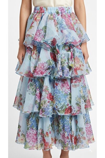 Rabiossa Women's Floral Patterned Multi-Layered Flounce Bohemian Chiffon Skirt