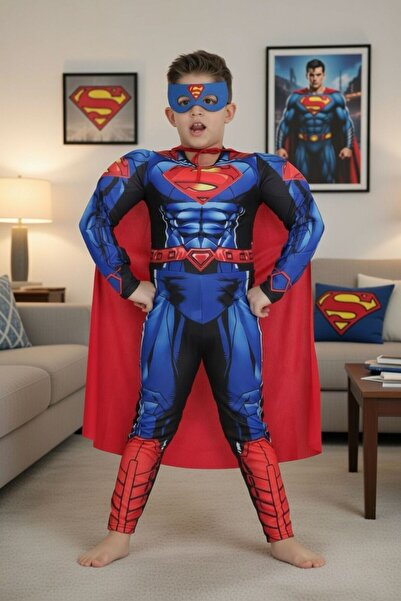 Liyavera Unisex Çocuk Süper Kahraman Kaslı Süperman Kostümü - Çocuk Kaslı Sup...