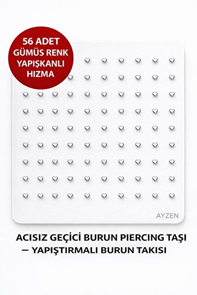 Aychra 56 Adet Gümüş Renk Yapışkanlı Hızma – Kalp Model - Acısız Geçici Burun...