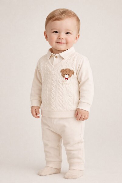 dinamik çocuk Baby boy 2-piece quilted sweater-look bear embroidered top and ...