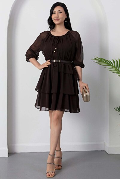 PULLIMM Wide Collar Belted Layered Chiffon Dress Dks1417