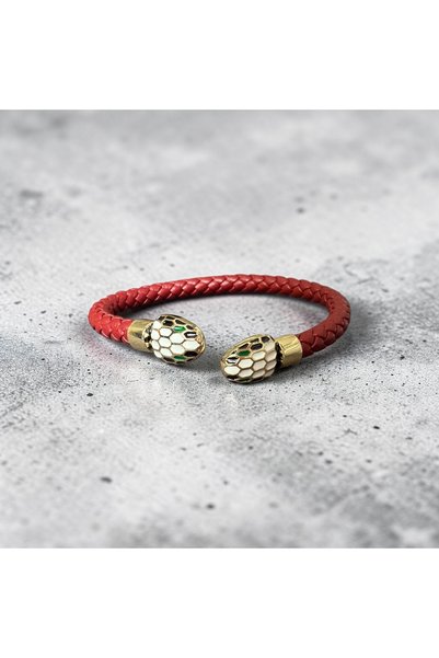 rosen accessories Yılan Başlı Bordo Örgü Deri Gold Kelepçe Bileklik