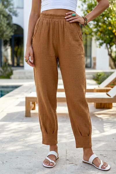 Chiccy Cinnamon Color Pocketed, Stitched Cuffs, Elastic Waist, Casual Muslin ...