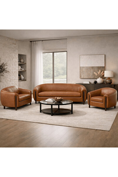 Roots Furniture طقم أريكة جلدية بنية اللون من جريس