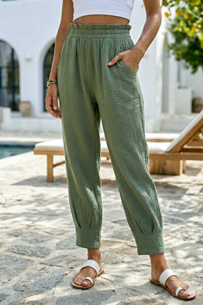 Chiccy Khaki Pocketed, Stitched Cuffs, Elastic Waist, Casual Muslin Woven Tro...