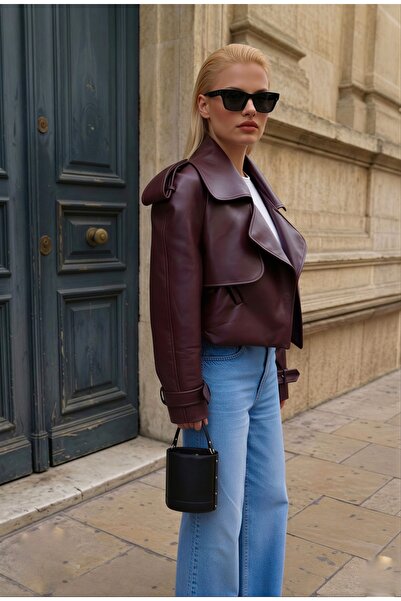 COJIKO Women's Burgundy Padded Leather Jacket with Detailed Design