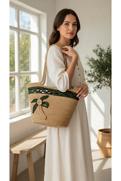 HomeTurko Χειροποίητη πλεκτή τσάντα παραλίας και ώμου από φυσικό ψάθινο υλικό...