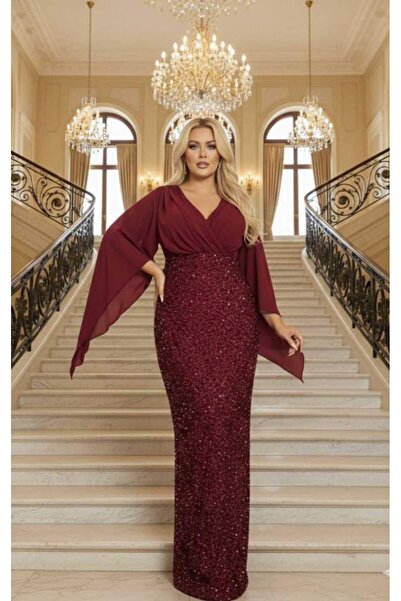 angelino butik Büyük Beden V Yaka Bordo Pelerin Kollu Uzun Abiye Elbise – Işı...