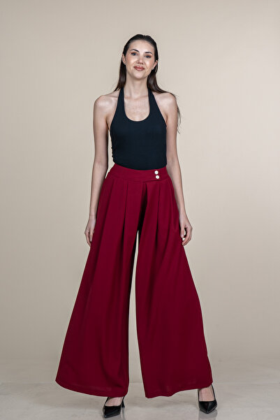 MissVina High Waist Wide Leg Pleated Fabric Trousers 30367