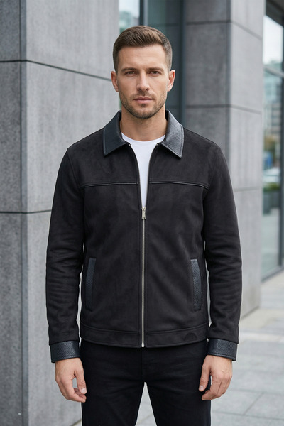 MOVENTO Men's Leather Detailed Suede Jacket