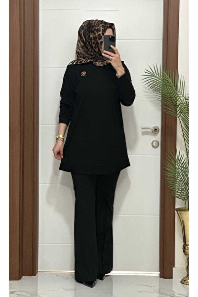 masalabiyem 1550 K 656 Black Tunic in Large Size with Brooch as a Gift