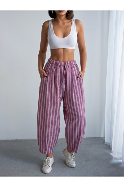 BEJNA بنطلون نسائي مخطط بمظهر الكتان