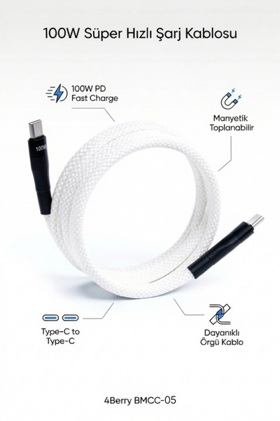 4 Berry BMCC05 100W Type-C Şarj Kablosu – Manyetik Sarılabilir, PD Hızlı Şarj...