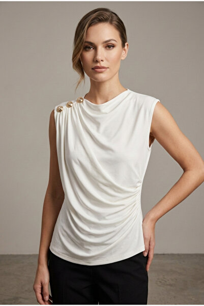 peralist Women's Ecru Boat Neck Buttoned Sleeveless Sandy Fabric Blouse with ...