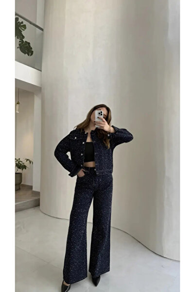 My Blog Set dublu din denim albastru marin cu aplicații de piatră - 1231