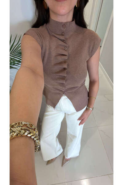 BİRCANÇİL Dionla Mink Self-Tie Sleeveless Cardigan