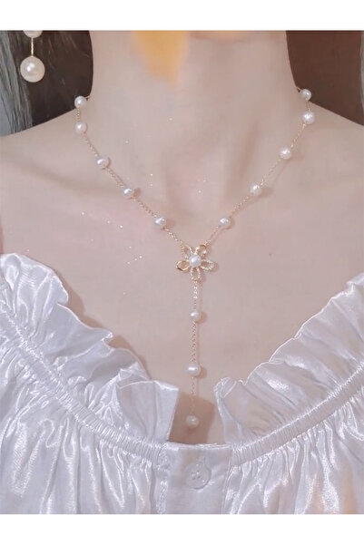 FridayIn Pearl Flower Y-Drop Necklace - Delicate Floral Lariat Choker for Women